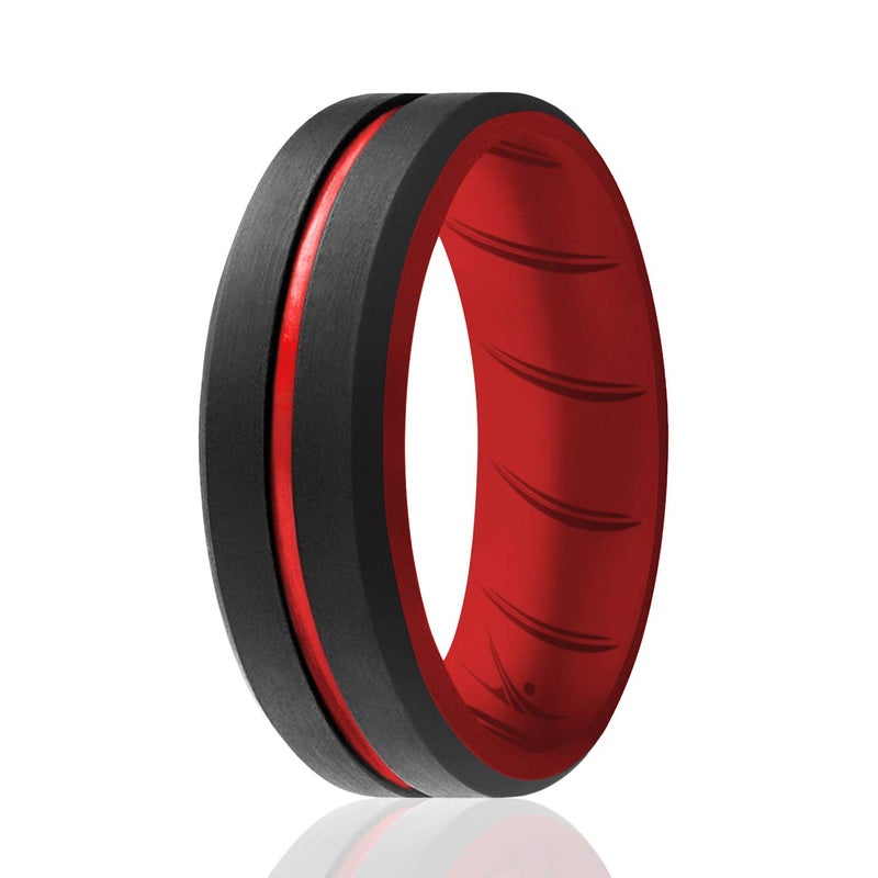 ROQ Silicone Rubber Wedding Ring for Men, Comfort Fit, Men's Wedding Band, Breathable Rubber Engagement Band, 8mm Wide 2mm Thick, Engraved Duo Middle Line, Single, Black & Red, Size 11 - Image 1